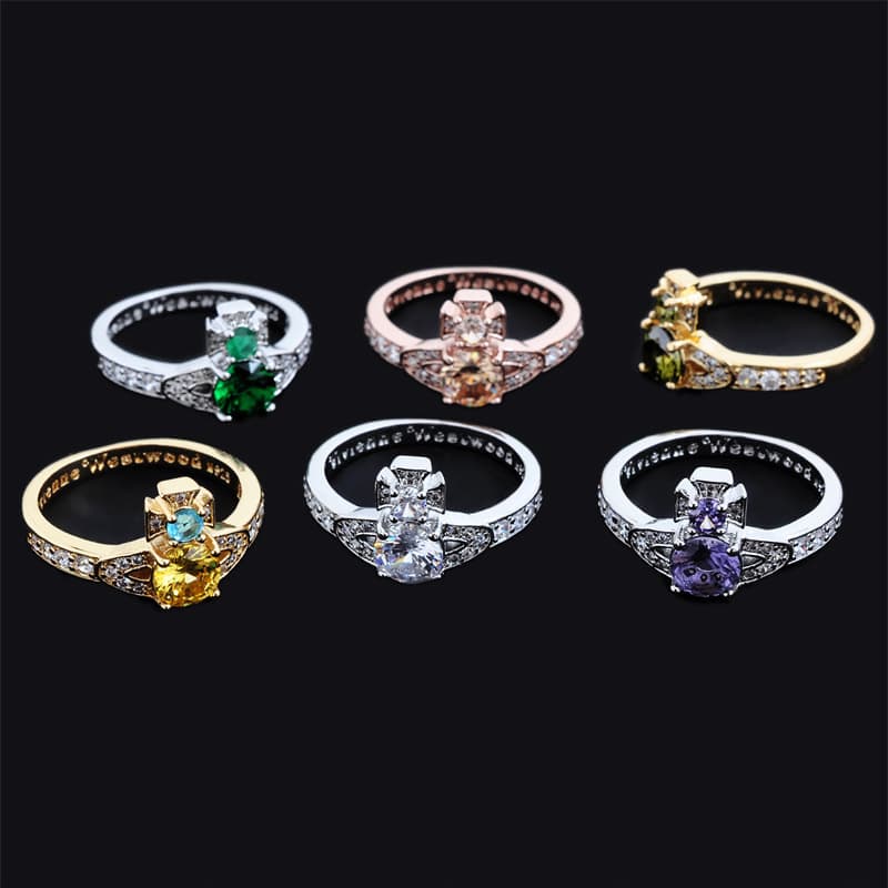 High-quality Vivienne Westwood ring with full zircon setting, Saturn orbit ring, sparkling Instagram-worthy fashion ring.
