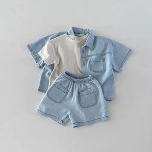Ins Korean Style Infant and Toddler Boy and Girl Short Sleeve Denim Pocket Shirt and Shorts Set, Summer Fashionable Outfit