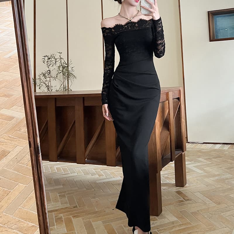 Black Dress for Women, Designer One-Shoulder Lace Patchwork Long Sleeve Waist-Tightening Bodycon Maxi Dress