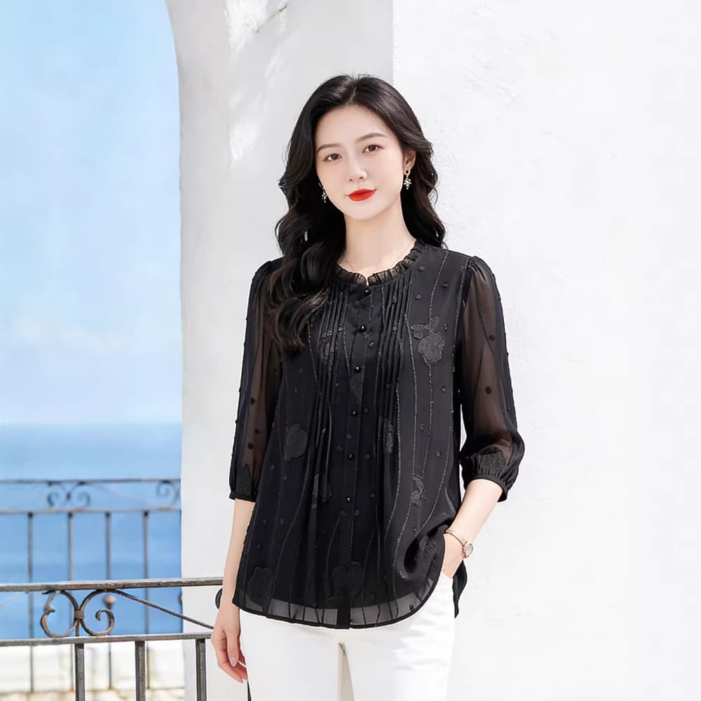 2026 Summer High-End Chiffon Jacquard Three-Quarter Sleeve Slim-Fit Cardigan Shirt Casual Tops for Plus-Size Women