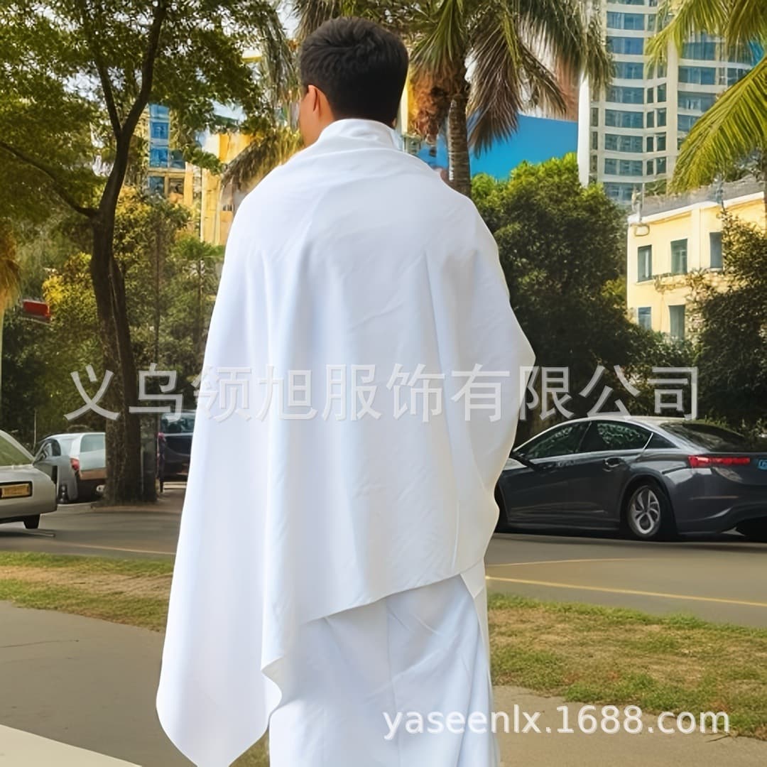 Cross-border Drop Shipping Men's Solid Color Ihram White Pure Cotton Hajj Men's Clothing Stock Wholesale Drop Shipping