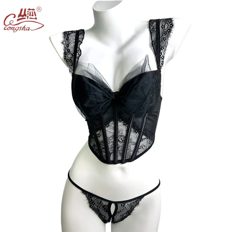 Sexy Mesh Bow Lingerie Lace Pure Desire Outerwear Inner Corset Fishbone Bustier Top Bra