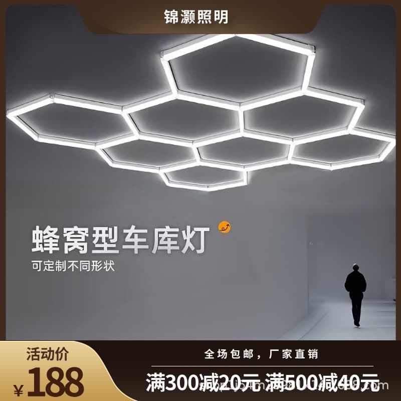 Hexagonal Honeycomb Light for Showroom Cross-Border Garage, Waterproof Film, Car Wash Light, Auto Beauty Workstation Lighting