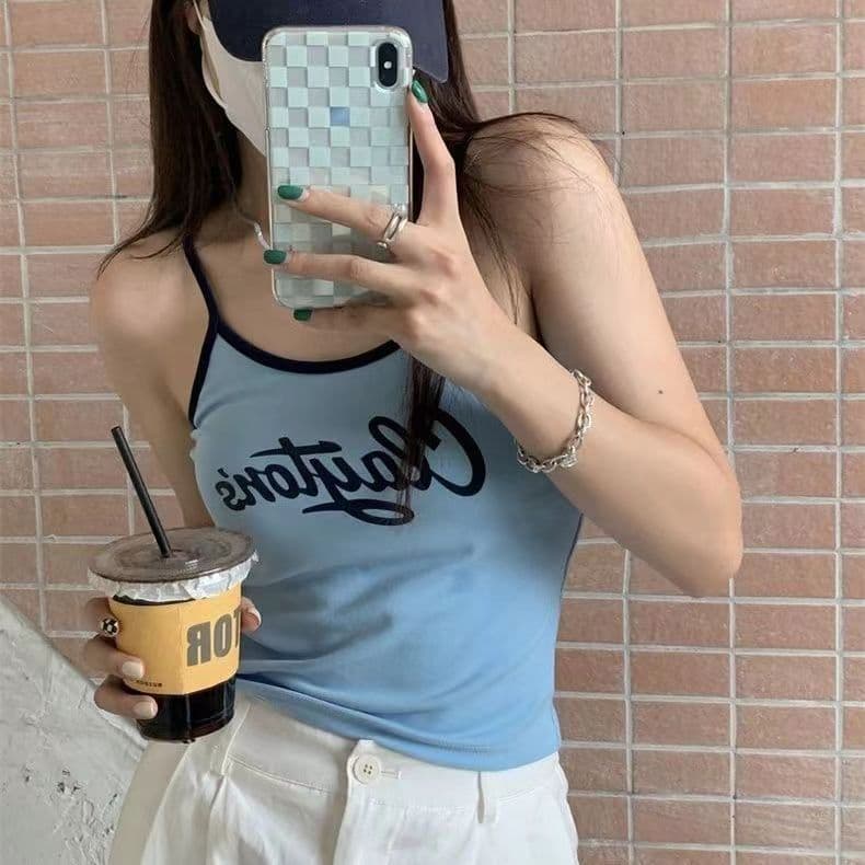 American Retro Sports Camisole Top for Women Summer Inner Wear with Built-in Pads, Trendy Streetwear Going-Out Top