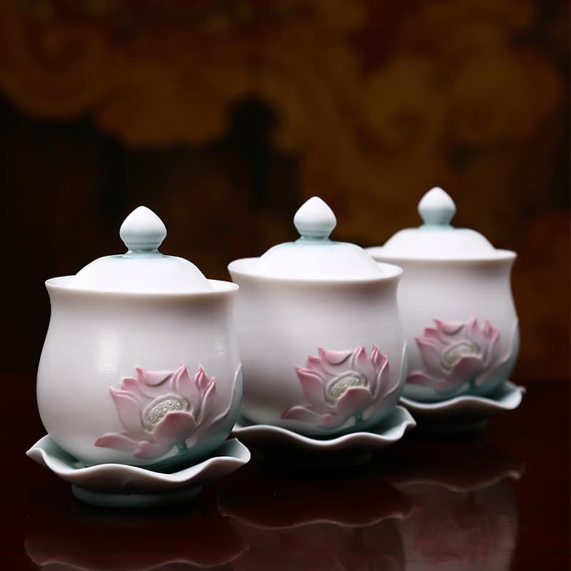 Hui Lotus Holy Water Cup Household Ceramic Lotus Offering Set Guanyin Shrine Incense Altar Worship Decor Buddhist Supplies