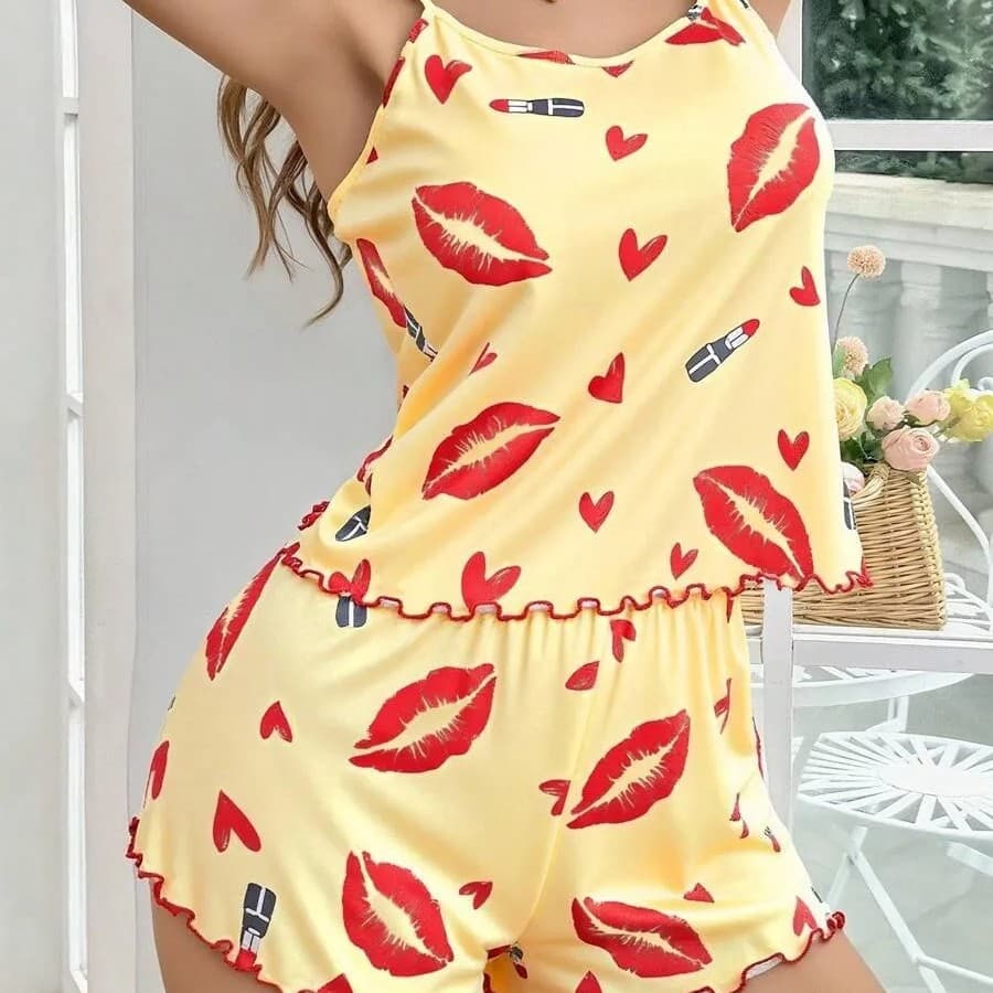In Stock Europe/USA Cross-Border Printed Camisole and Shorts Pajama Set Women's Sexy New Homewear Set