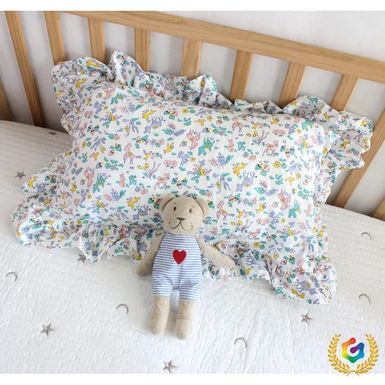 ✅ Ins-Style Korean Pure Cotton Floral Cute Pastoral Deer Print with Lace, Non-Fluorescent Infant and Child Parent-Child Pillowcase