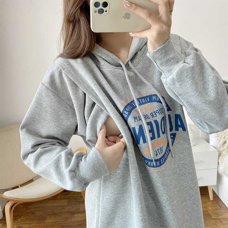 Breastfeeding sweatshirt dress, autumn and winter hot mom style loose-fitting spring and autumn women's clothing for pregnant women, hooded outerwear for breastfeeding when going out