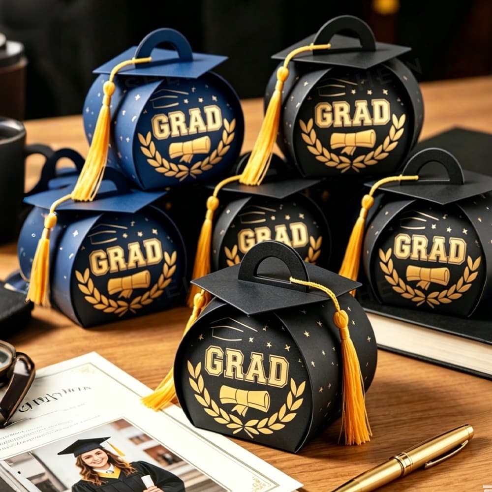 New Gold-Stamped Graduation Season 3D Candy Box Party Favor Box with Graduation Cap and Tassel, Snack Box, Small Gift Box Decoration