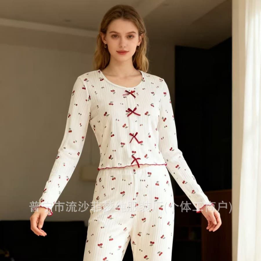 Cross-Border Women's Pajamas Loungewear Casual Ribbed Cherry Bow Print Long-Sleeve Long-Pants Loungewear for Women