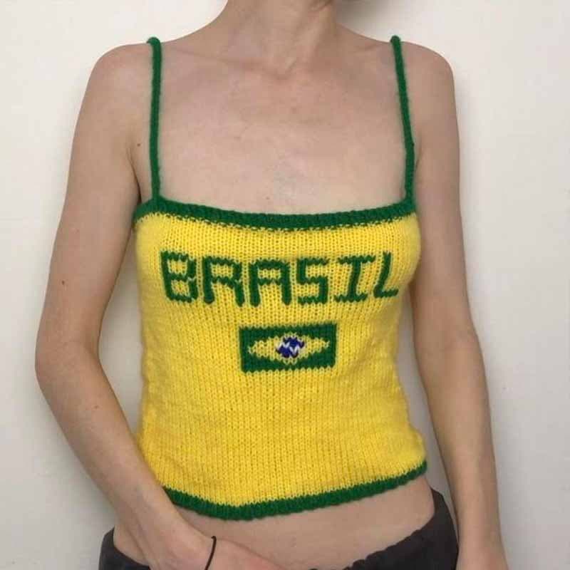 2026 Summer Brazil Knit Vest and Shorts Set Brazil Letter Jacquard World Cup Cross-Border Trade