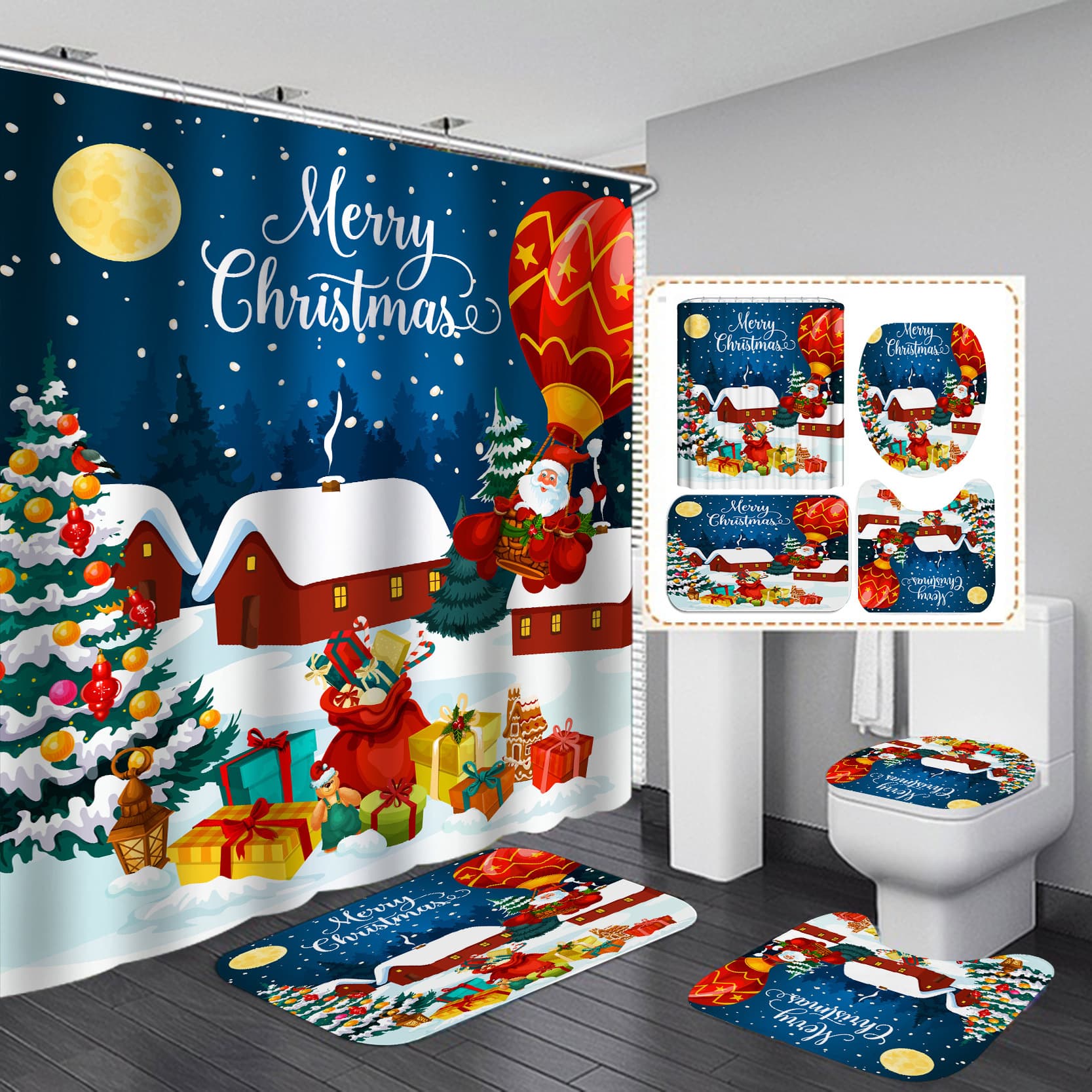 Amazon Christmas Holiday Christmas Cabin Ambiance Printed Shower Curtain Bathroom Scene Fabric Bathroom Decorative Partition Curtain