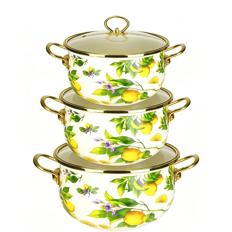 Enameled Cast Iron Cookware Set - Bird & Floral Design, Double-Handled Stockpot & Soup Pot, Compatible with Electric and Gas Stoves, 18/20/22cm 3-Piece Set