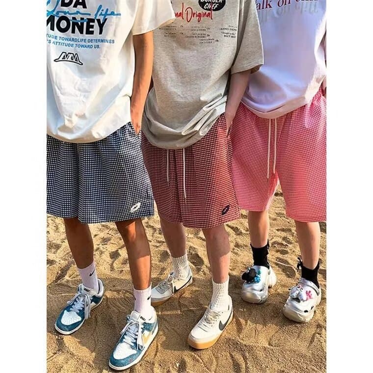American-style Casual Plaid 5-Inch Shorts for Men, Versatile Summer New Loose Breathable Quick-Dry Thin Drawstring Beach Shorts