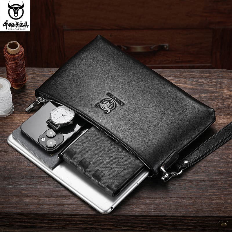 Captain Cow Leather Men's Genuine Leather Clutch Soft Cowhide Multifunctional Handbag Large Capacity Business Wallet with Zipper