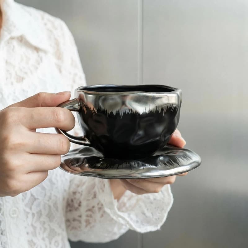 Nordic Exquisite High-End Cup and Saucer for Afternoon Tea, Black and White Light Luxury Coffee Cup, Ceramic High-Value Souvenir Gift, Export Water Cup
