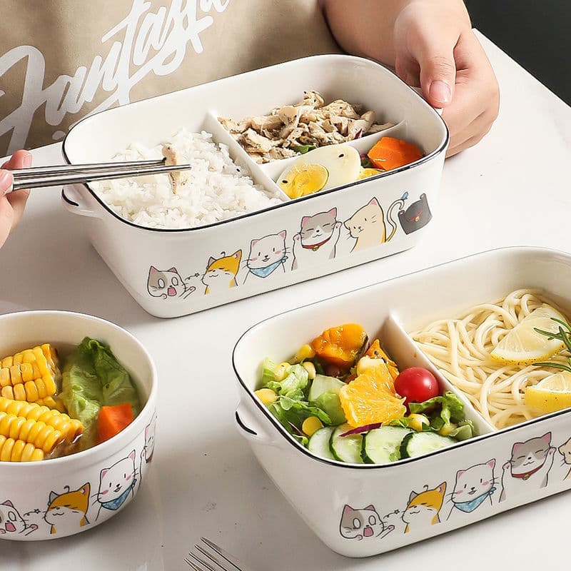 Cartoon Ceramic Student Divided Lunch Box with Lid Portable Microwave Heating Office Worker Fresh-Keeping Bowl Dedicated Bento Box