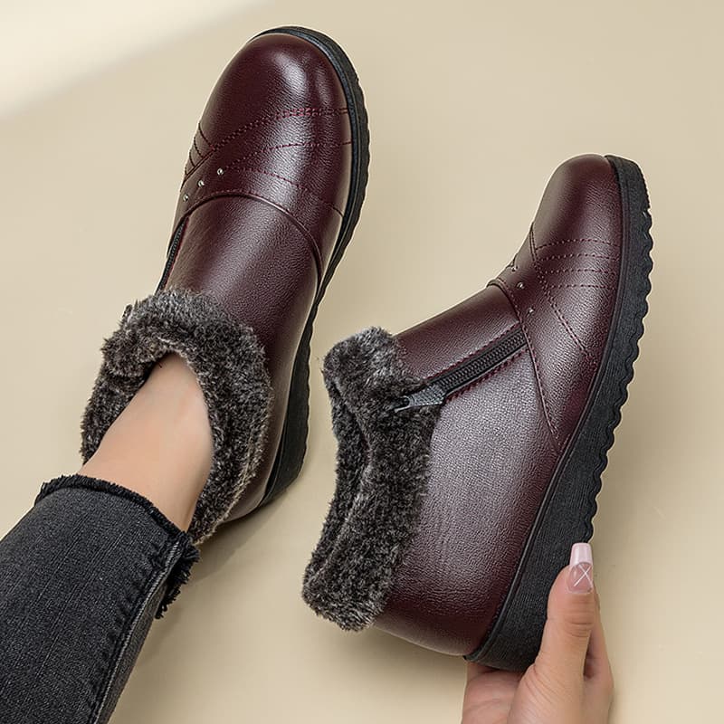 Winter Warm Cotton Shoes for Women Middle-Aged and Elderly Mom Fleece Lined Flat Heel Anti-Slip Cotton Leather Snow Boots