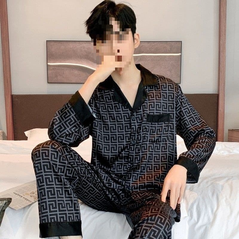 Men's Pajama Set Long Sleeve Long Pants Thin Autumn Ice Silk Men's Four Seasons Middle-Aged Dad Spring Autumn Suit
