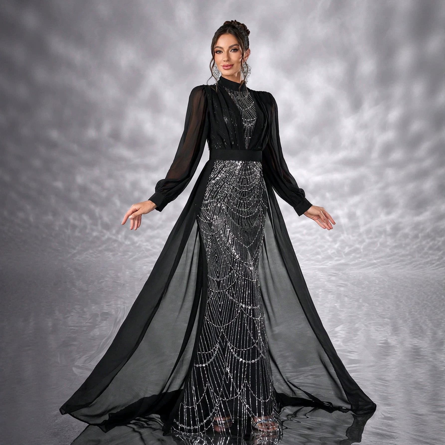 New Export Evening Dress Chiffon Sequin Gown Beaded Patchwork Design Long Sleeve Wholesale Dress-MG1844