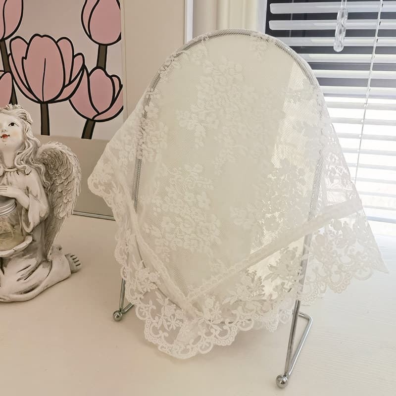 Lace Round Mirror Cover Dust-proof Gauze Fabric Dressing Table Round Mirror White Cover Cloth