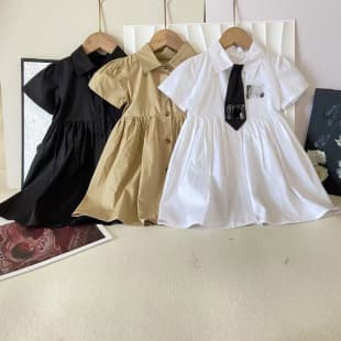 Girls Dress Summer 2025 New Baby Girl Stylish Trendy Short Sleeve Preppy Tie Princess Dress Cotton