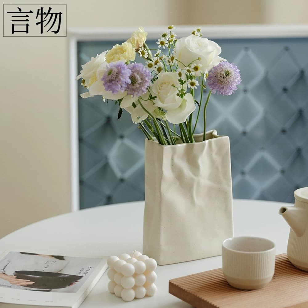 Creative Ins Paper Bag Ceramic Vase Living Room Entryway Decor Light Luxury Vase Flower Arrangement High-End Artificial Flower Vase