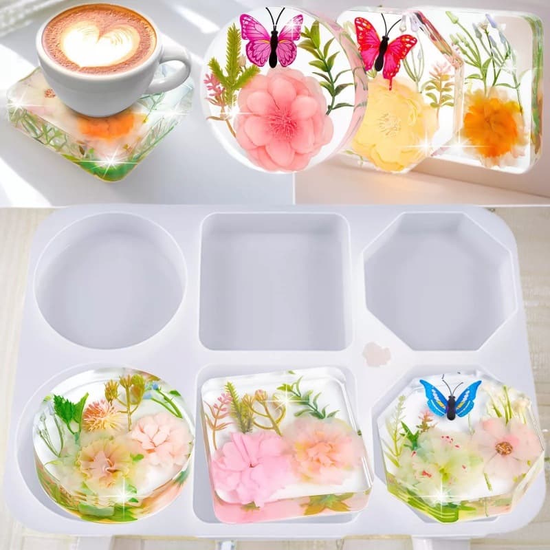 Silicone Resin Mold Six-Hole Round Square Hexagon DIY Flower Coaster Mold Silicone Mold Wholesale