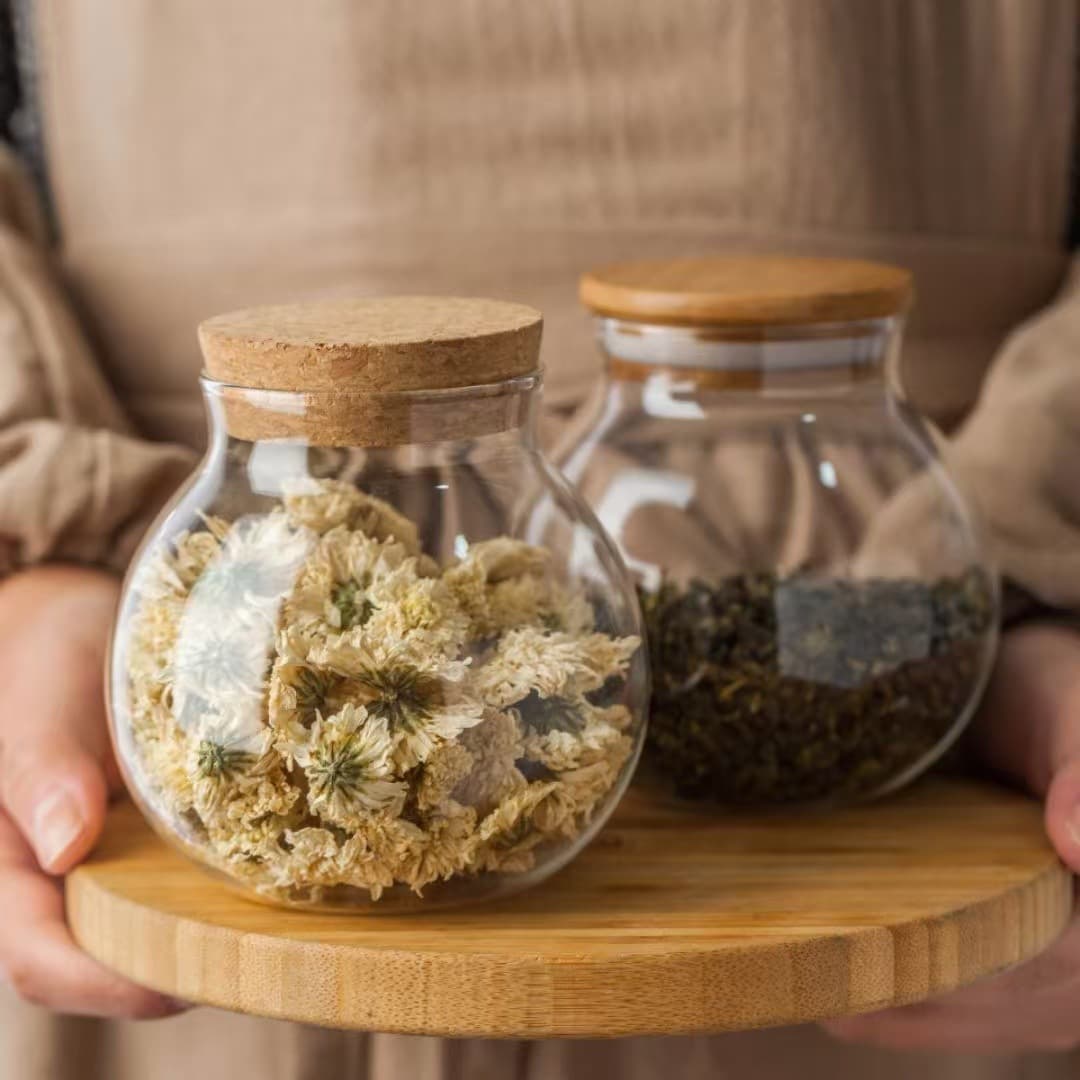 Factory Stock High Borosilicate Transparent Glass Storage Jar, Tea Caddy with Cork Bamboo Lid Sealed Round Container