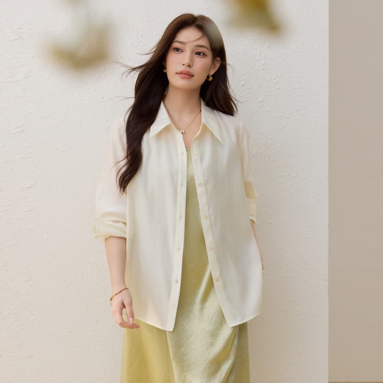 [Black Label] Lyocell Blend Draped Chiffon Open-Front Shirt, Xianlixiu Plus Size Women's Spring New Arrival