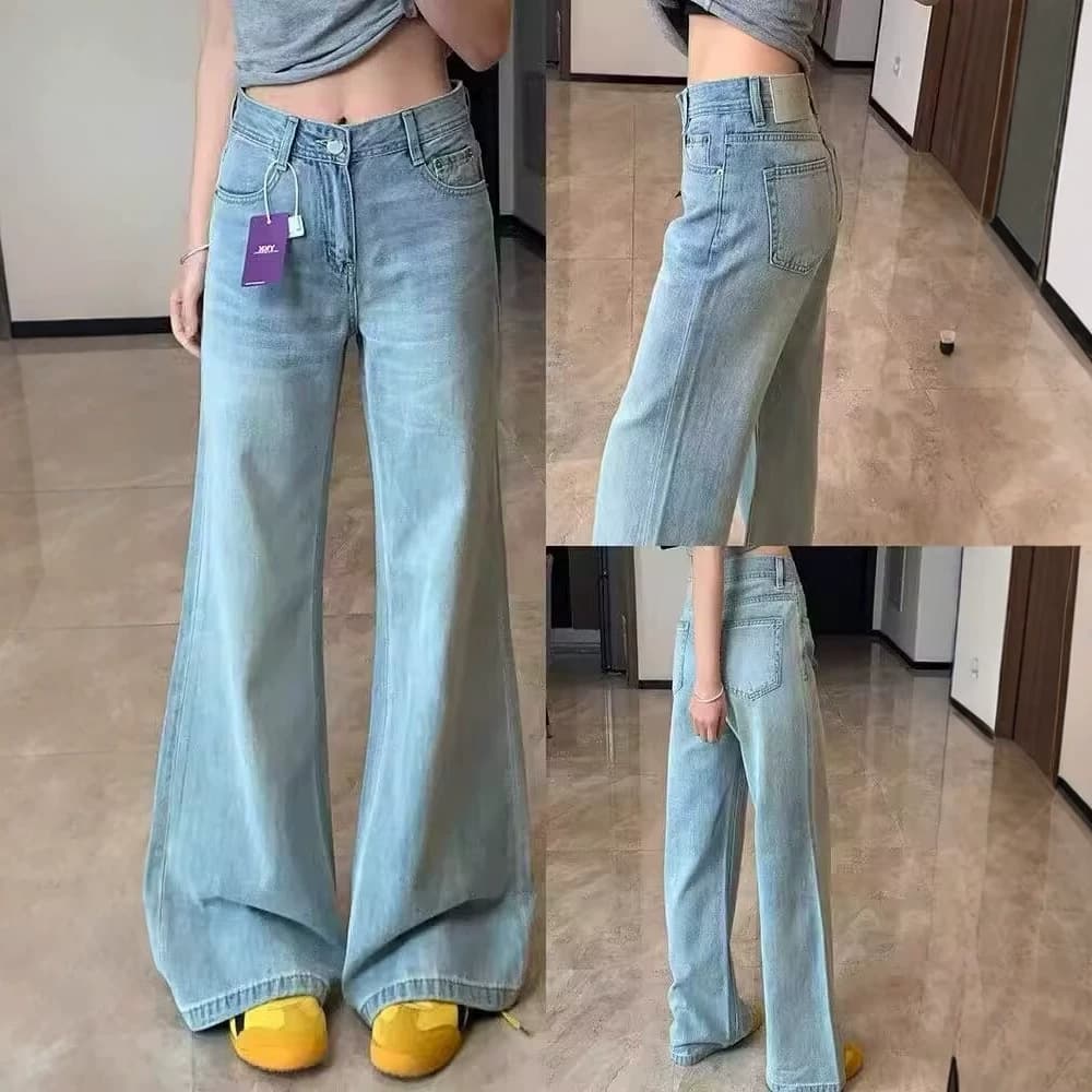 Light color non-leg-fitting micro-flared jeans for women in autumn new pear-shaped figure plus size slimming fat mm wide-leg flared pants