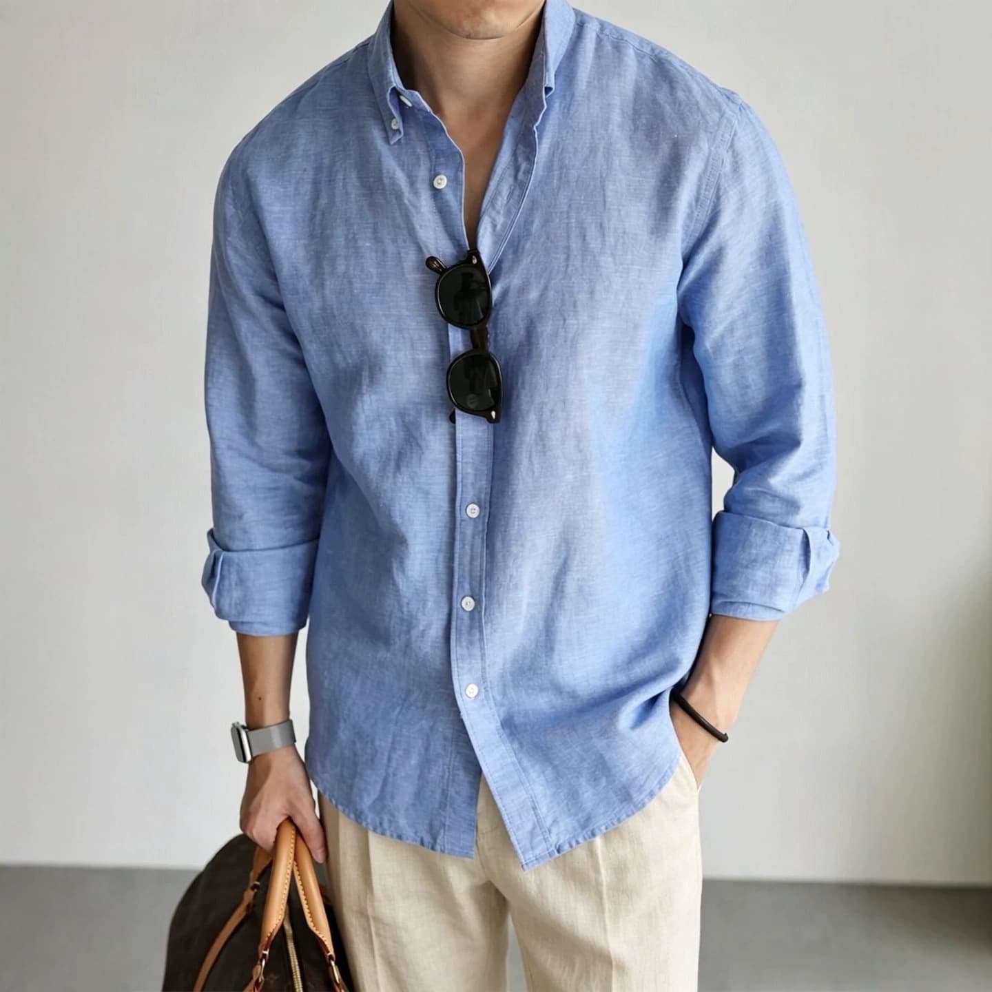 Old Money Style Italian Linen-Cotton Yarn-Dyed Long-Sleeve Shirt Casual Business Solid Color Commute Breathable Moisture-Wicking Shirt Spring Summer