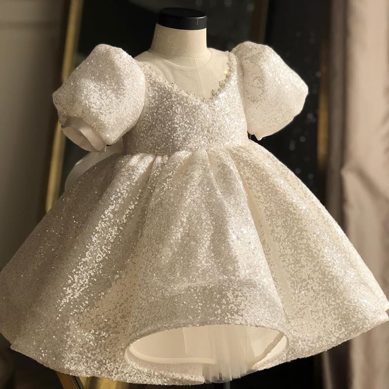 Children's princess dress white sequin baby one year old dress baby dress girl birthday dress princess dress