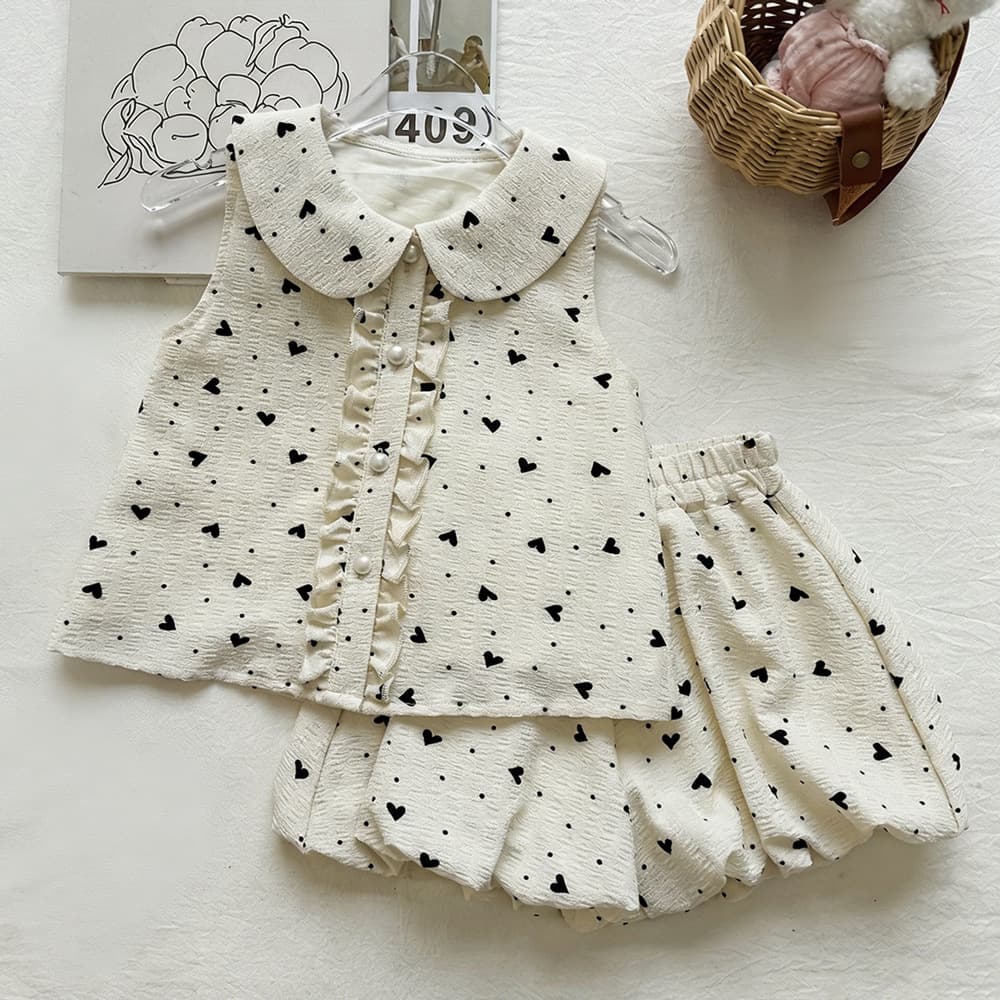 Girls Love Polka Dot Doll Collar Sleeveless Top Set Summer Two-piece Set of Fungus-Edged Pearl Button Flower Bud Shorts