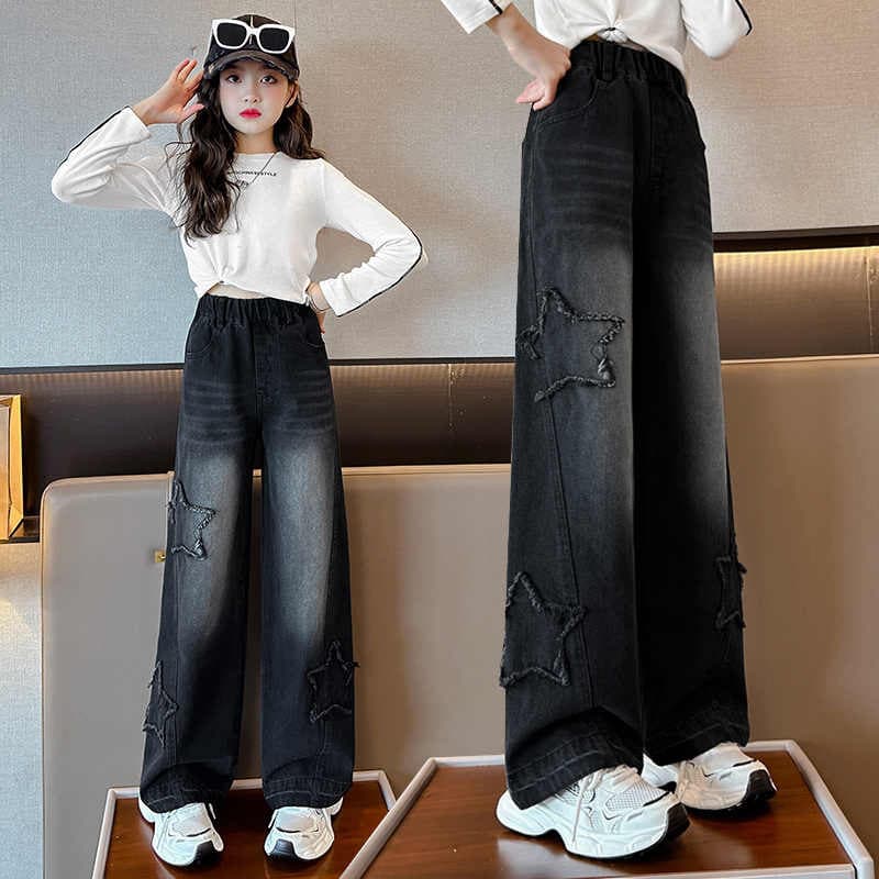 Girls straight-leg retro jeans autumn and winter new autumn clothing children's wide-leg pants girls middle-aged and older students' long pants