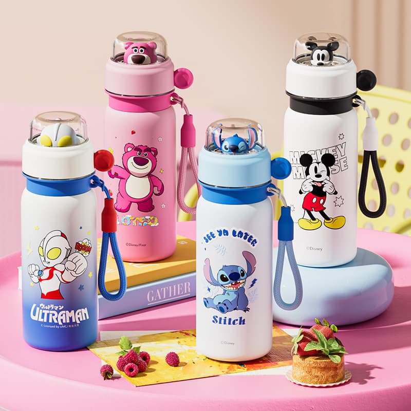 Original Strawberry Bear Cartoon Kids Insulated Water Bottle Student Outdoor Sports Portable Straw Cup Dual-Drink Flip Lid