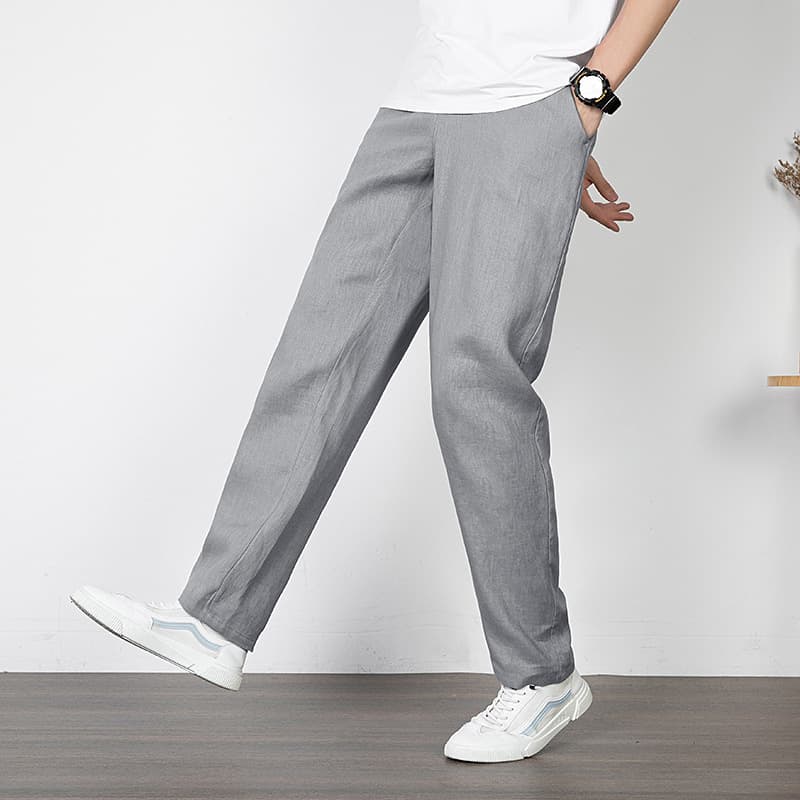 Men's Summer Casual Linen Pants, Chinese Style Loose Straight Wide Leg Cotton Linen Trousers