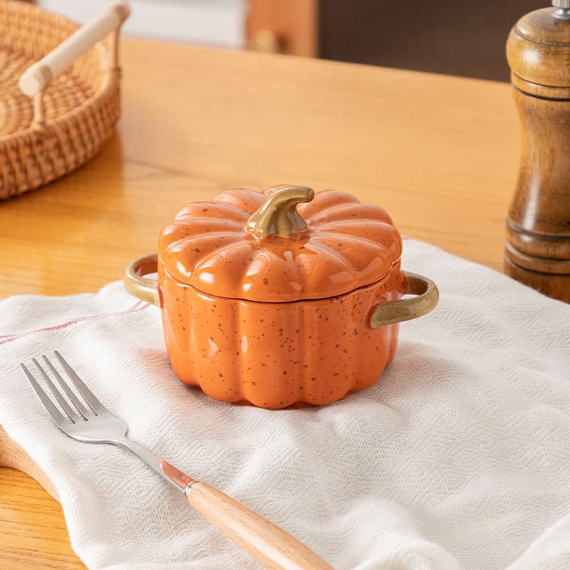 Creative Pumpkin Baking Bowl with Lid Ceramic Baking Tableware Dessert Soup Bowl Double Boiler Pot Home Steamed Egg Pumpkin Pot