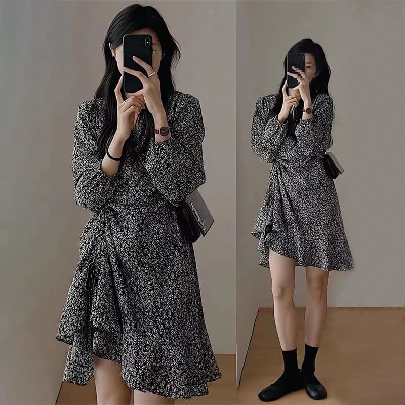 Plus Size Spring French Asymmetric Collar Floral Dress Waist-Cinching Irregular Long Sleeve Mid-Length Dress