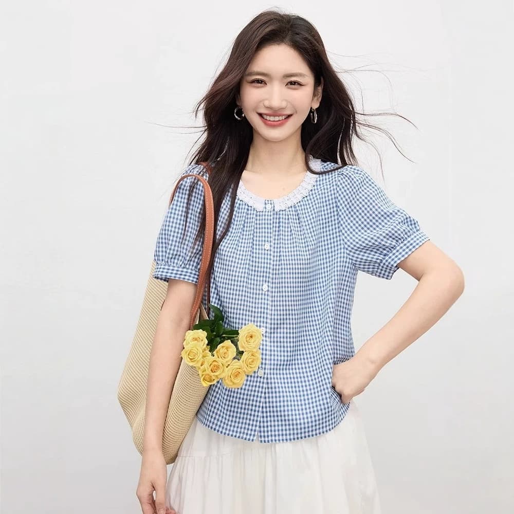 Salt Style Blue Plaid Shirt Women's 2026 Summer New Contrast Color Design Lace Collar Puff Sleeve Top