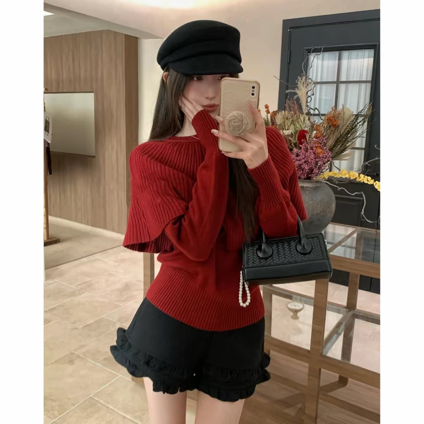French Red Ribbed Cape Layered Long-Sleeve Knit Sweater for Women, Autumn/Winter Base Layer Top
