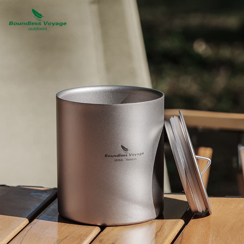 Biwei pure titanium double-layer heat-proof insulated water cup 350ml, outdoor lidded mug for camping, tea and coffee