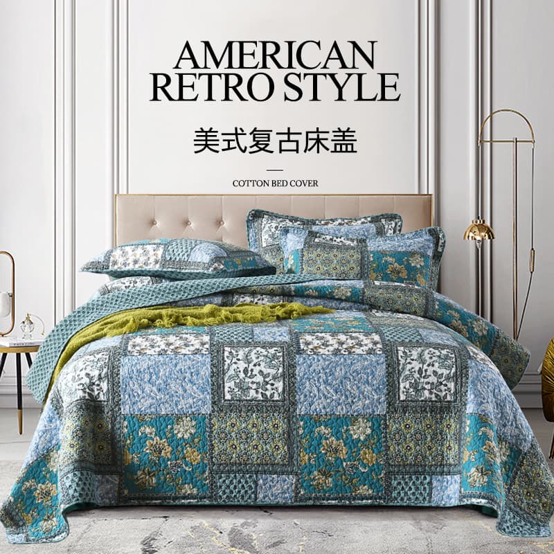Pinli Home Textiles Foreign Trade Pure Cotton Bedspread Three-Piece Set, American Style Patchwork Quilt, Printed All-Cotton Air Conditioning Quilt