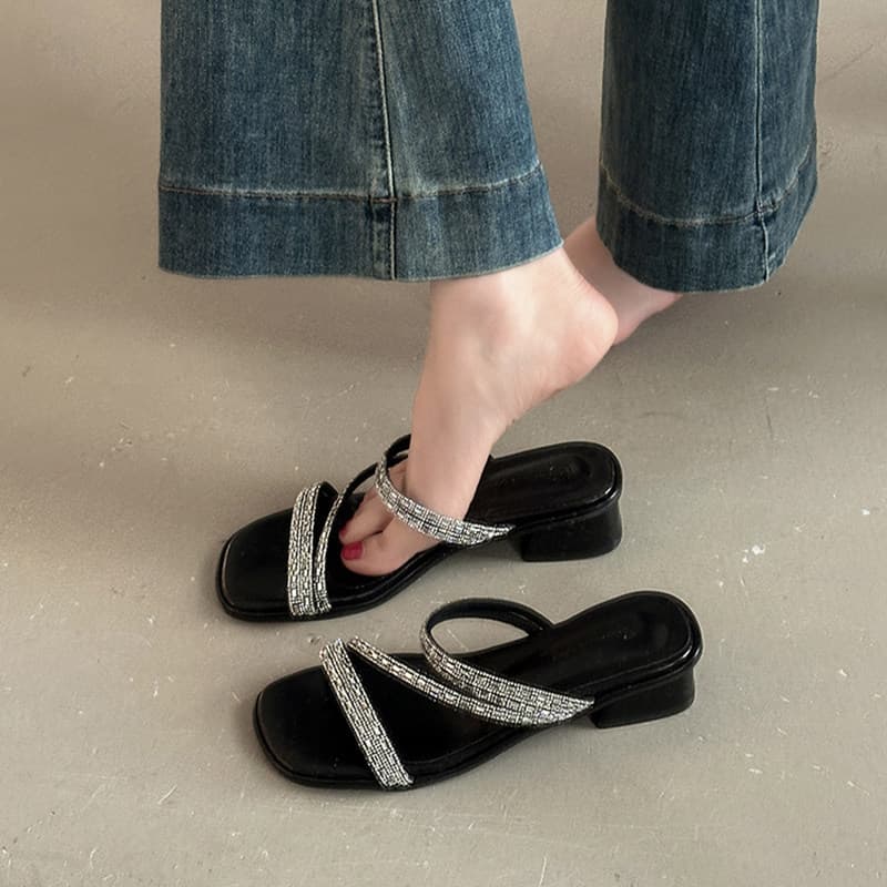 Rhinestone Flat Slide Sandals Summer Fashion Simple Thick Sole Non-Slip Chunky Heel Women's Casual Slippers for Dresses