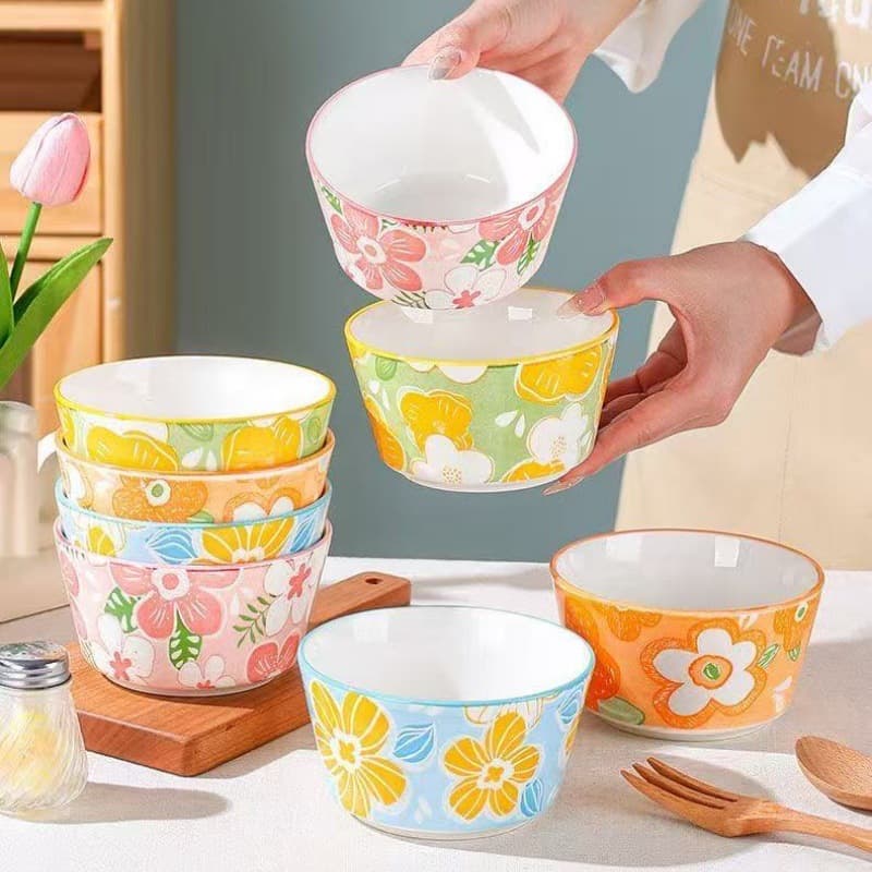 High-looking household rice bowl, salad bowl, dessert ceramic bowl wholesale Internet celebrity creative underglaze color 4.5-inch round bowl