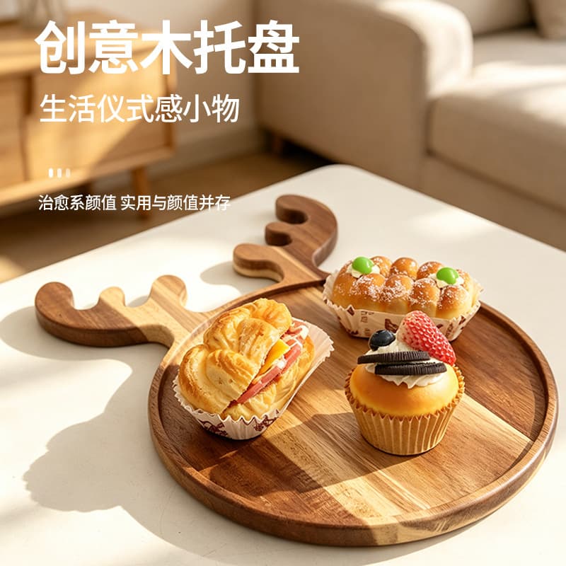 Christmas Tray Solid Wood Antler Dinner Plate Christmas Tree Shaped Dessert Plate Acacia Wood Cake Plate Afternoon Tea Tray