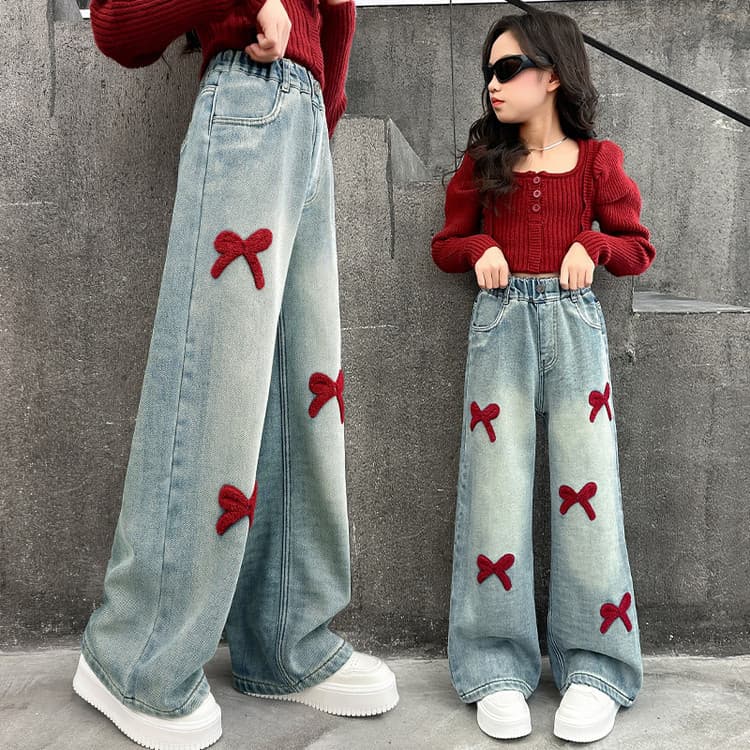 Towel Embroidered Girls Jeans Spring Autumn 2025 New Children's Pants Girls Big Kids Straight Leg Pants Girl Wide Leg Pants