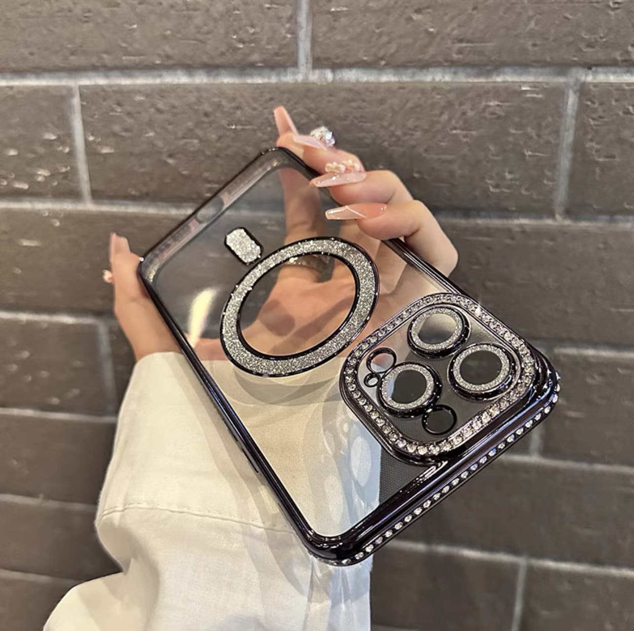Rhinestone frame suitable for iPhone17PROMAX magnetic transparent mobile phone case Apple 16PROMAX glitter powder soft case