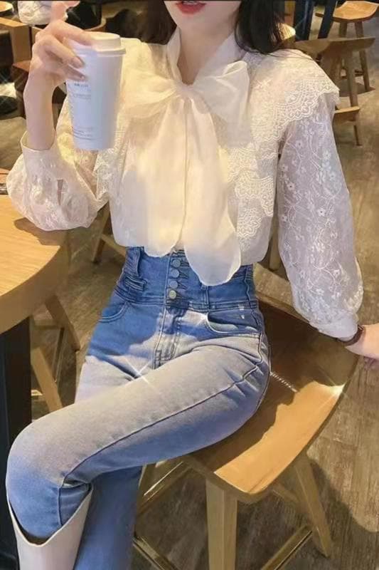 Designer Niche Bow Long Sleeve Lace Blouse Women Autumn French Style Elegant Top Fairy Puff Sleeve Shirt