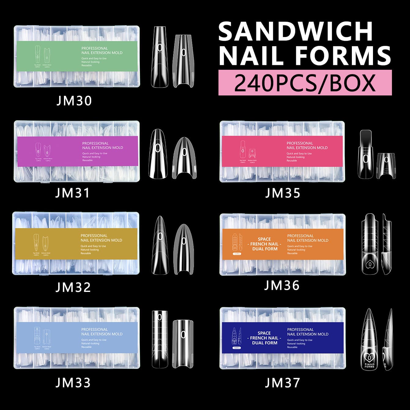 Sandwich Nail Extension Mold No-Build Thin Dog Ladder Oval Long Tapered Crystal Gel Quick Extension Nail Mold for Nail Salons